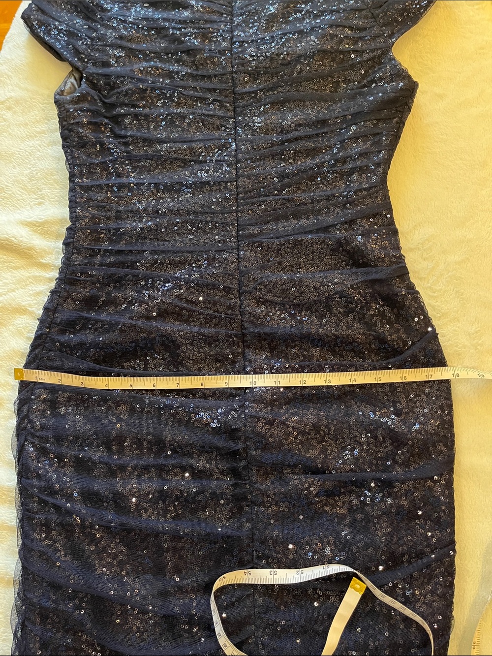 Ralph Lauren Sequin Dress w/ ruched tulle overlay. Cape sleeves. Navy blue. 6-8 - Picture 15 of 16